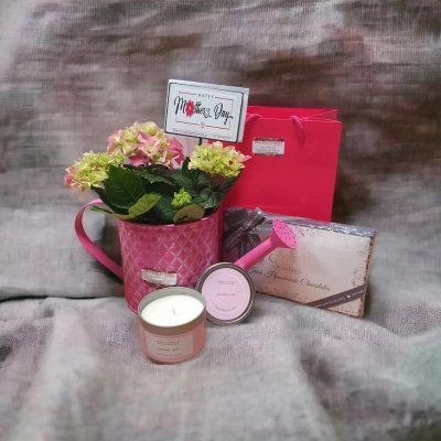 hydrangea watering can candle chocs gift set