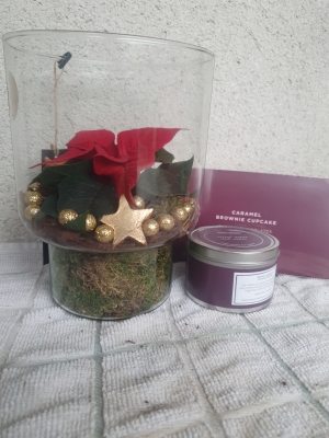 Glass vase with poinsettia and festive candle gift set