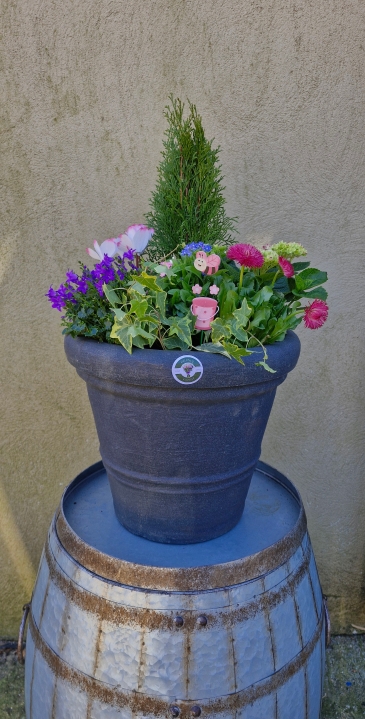 Large outdoor planter pinks and purples