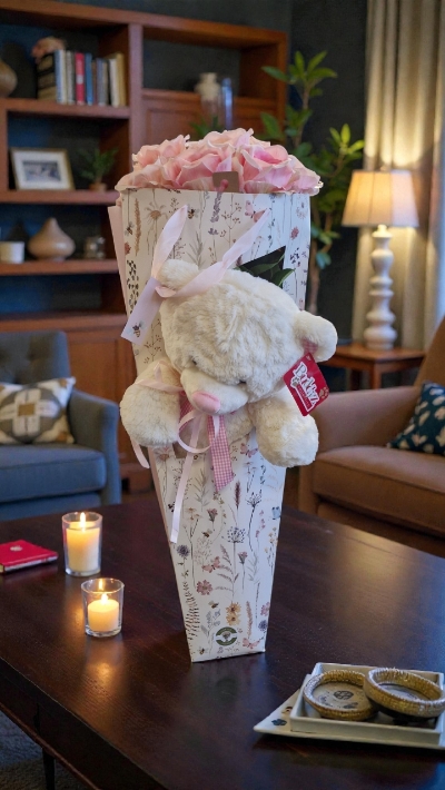 12 pink artificial roses and teddy gift bag