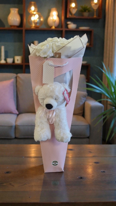 12 white artificial roses with teddy bear gift bag