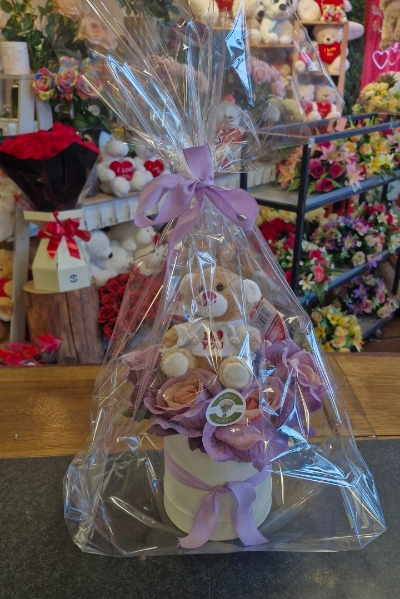 6 2 tone pink and purple artificial roses with teddy bear in hatbox