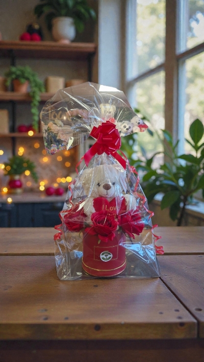 6 artificial red roses teddy bear in hatbox