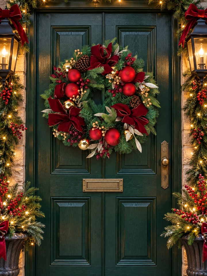 Luxury burgundy bow wreath with baubles