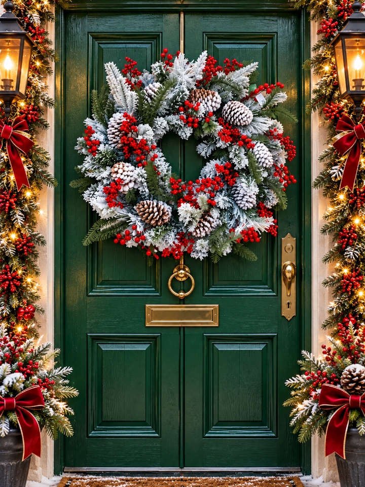 Red and white frosted wreath 76cm