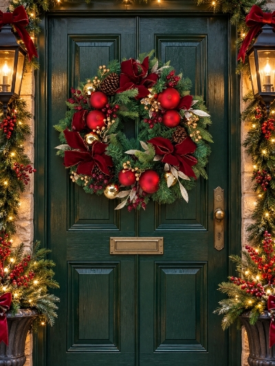 Luxury burgundy bow wreath with baubles