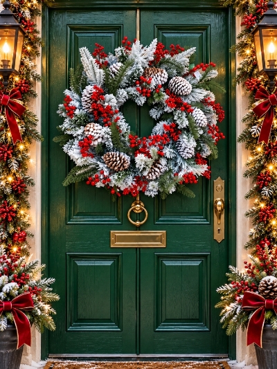 Red and white frosted wreath 76cm
